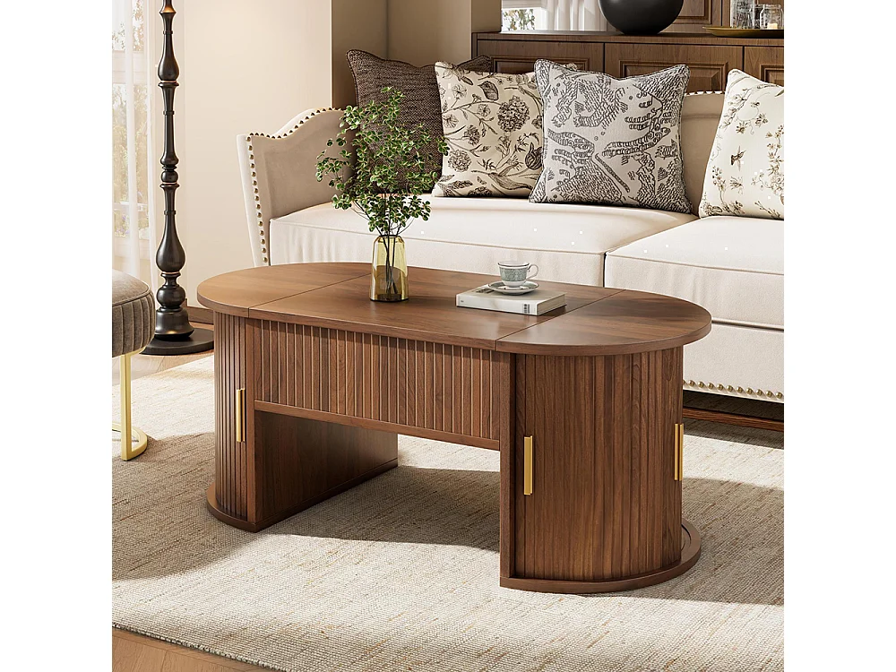 Table basse réglable en hauteur pour salon, étagères ouvertes, rangement caché, porte coulissante, couleur noyer