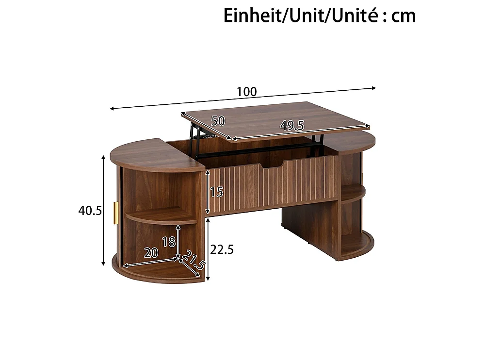 Table basse réglable en hauteur pour salon, étagères ouvertes, rangement caché, porte coulissante, couleur noyer
