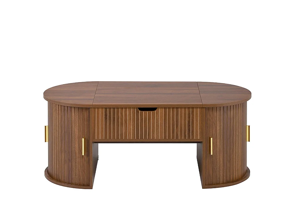 Table basse réglable en hauteur pour salon, étagères ouvertes, rangement caché, porte coulissante, couleur noyer