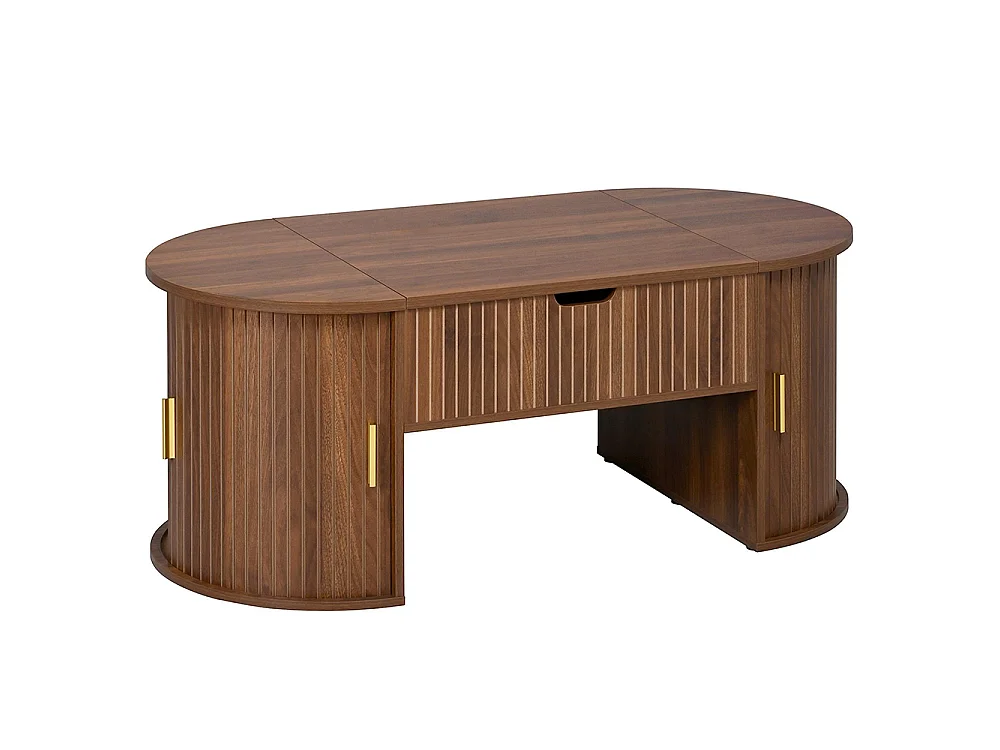 Table basse réglable en hauteur pour salon, étagères ouvertes, rangement caché, porte coulissante, couleur noyer