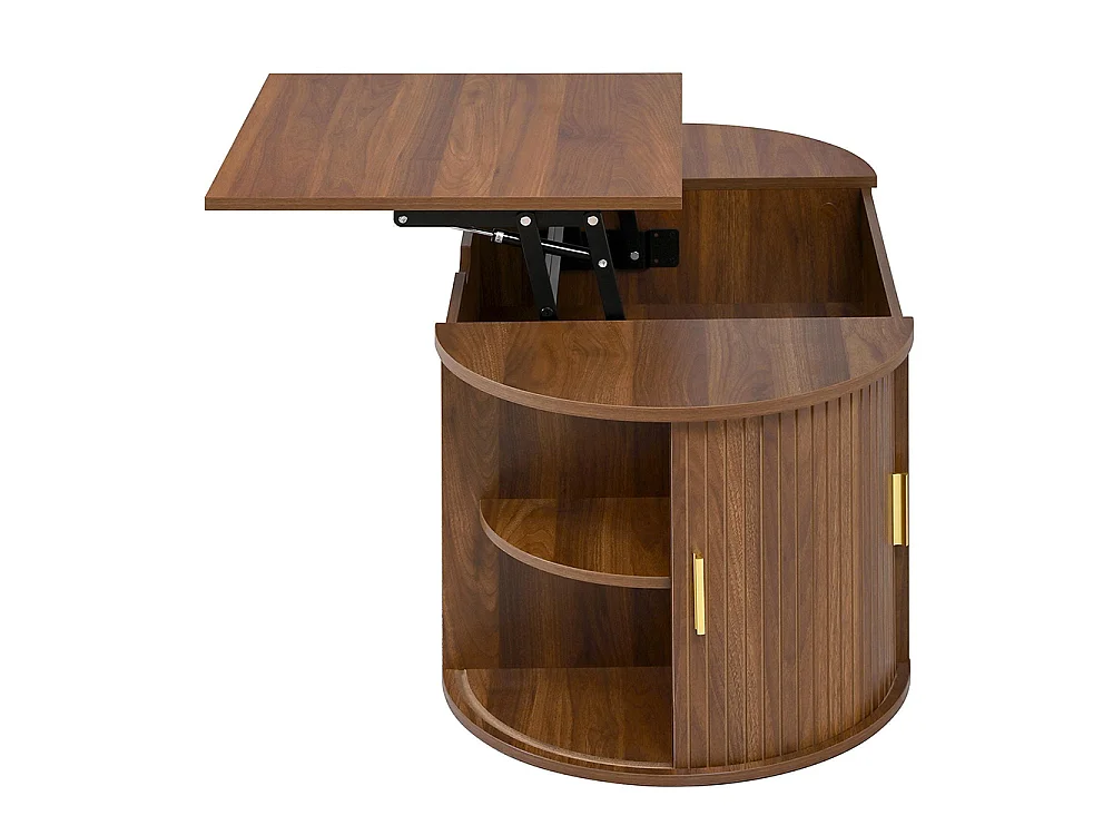Table basse réglable en hauteur pour salon, étagères ouvertes, rangement caché, porte coulissante, couleur noyer