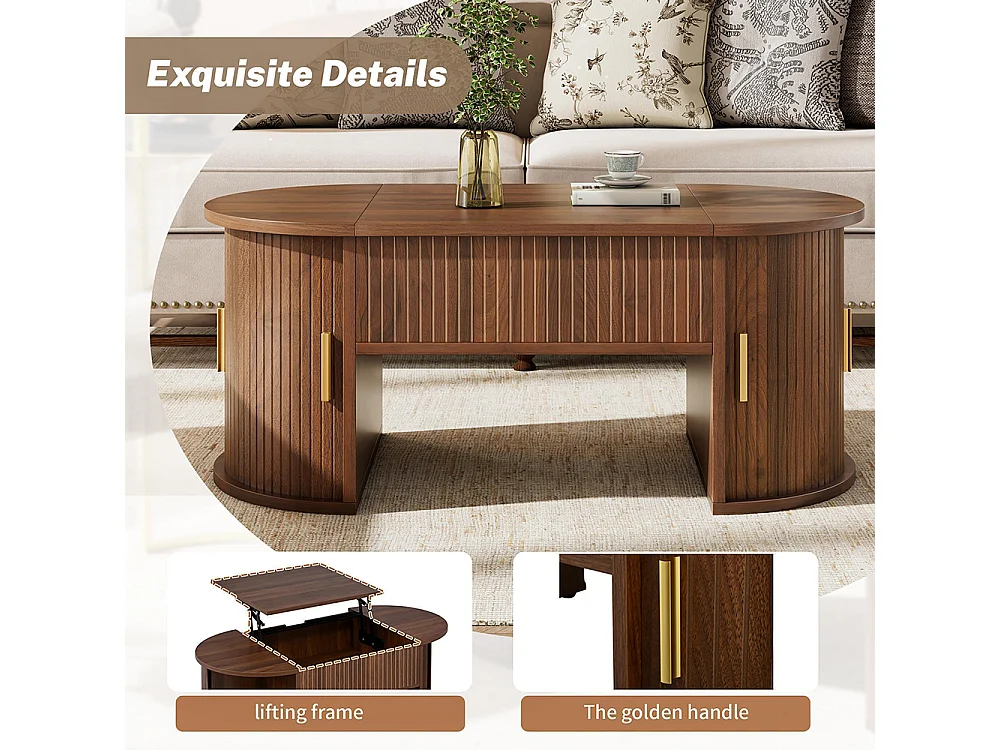 Table basse réglable en hauteur pour salon, étagères ouvertes, rangement caché, porte coulissante, couleur noyer