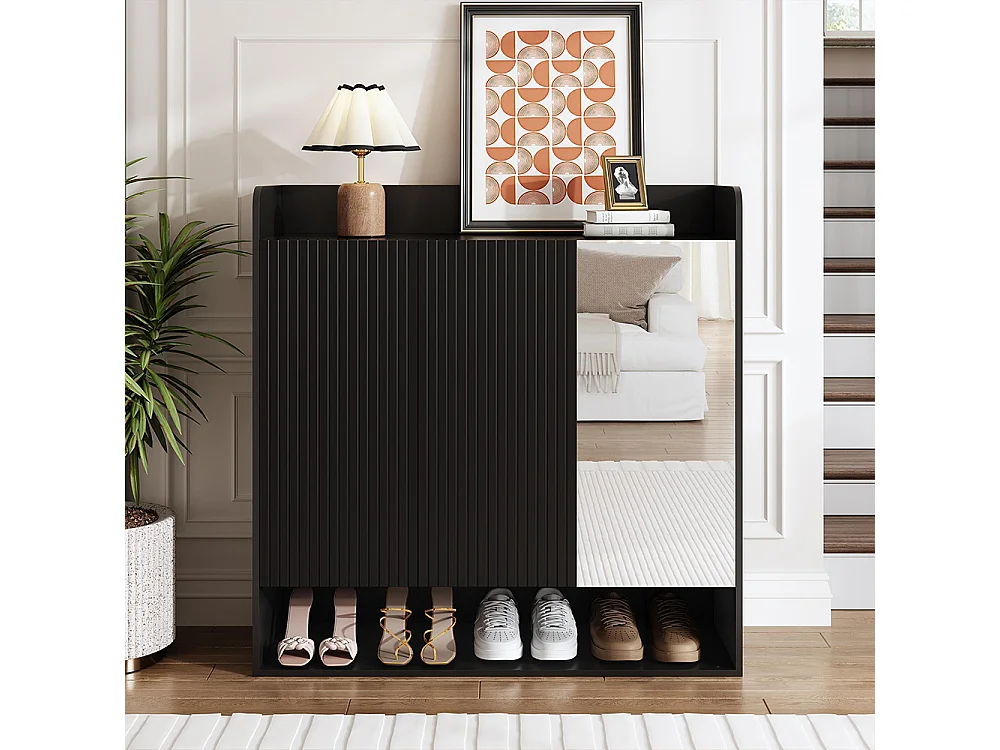 Meuble à chaussures, motif à rayures verticales, avec miroir en pied, étagères à chaussures spacieuses à plusieurs niveaux, noir