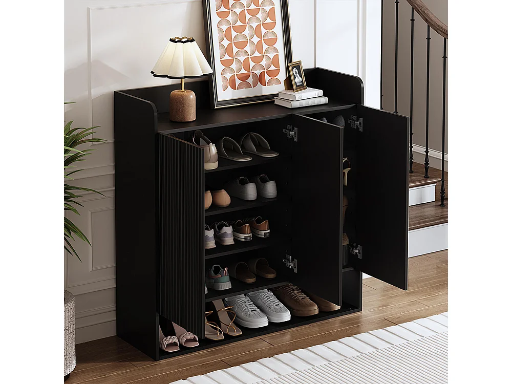 Meuble à chaussures, motif à rayures verticales, avec miroir en pied, étagères à chaussures spacieuses à plusieurs niveaux, noir