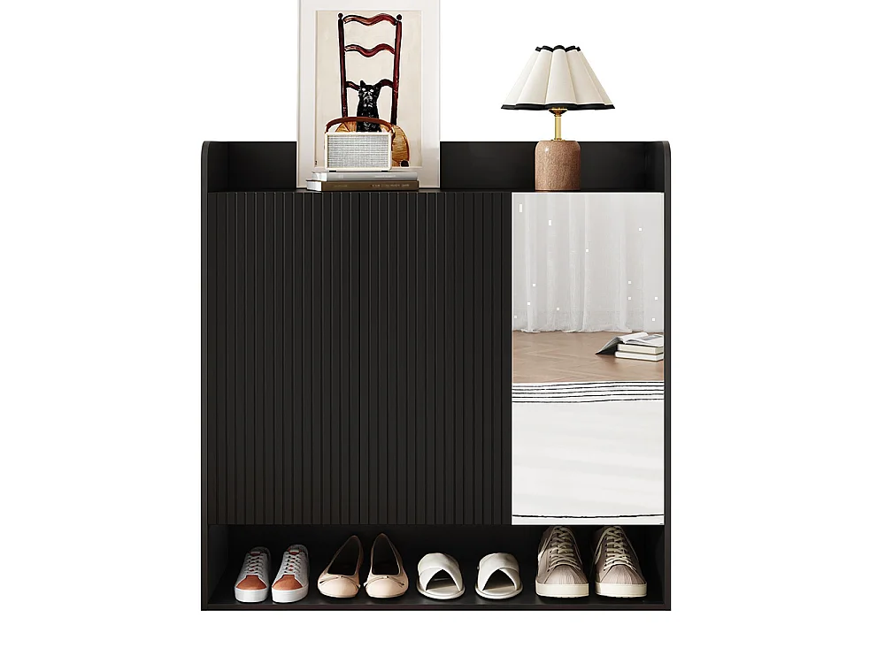 Meuble à chaussures, motif à rayures verticales, avec miroir en pied, étagères à chaussures spacieuses à plusieurs niveaux, noir