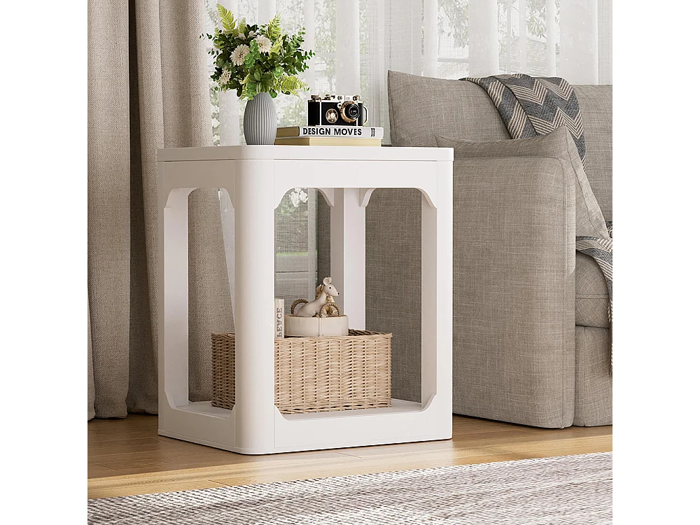 Lot de 2 tables d'appoint, avec plateau de 3 cm d'épaisseur, tables d'appoint à deux niveaux pour le salon, blanc