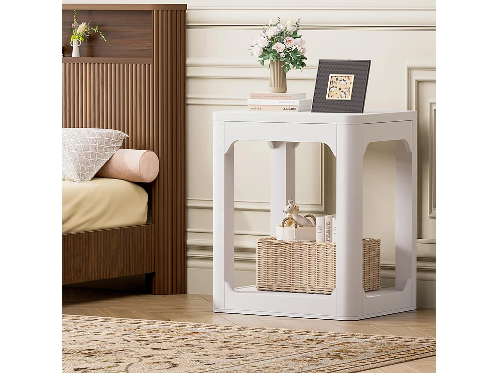 Lot de 2 tables d'appoint, avec plateau de 3 cm d'épaisseur, tables d'appoint à deux niveaux pour le salon, blanc