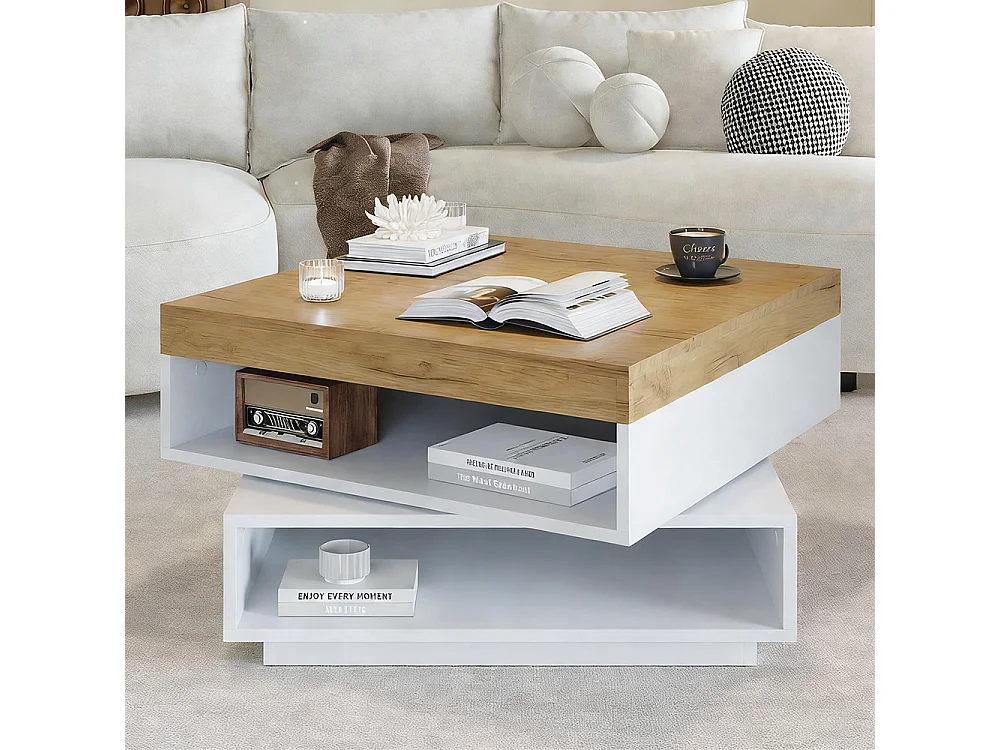 Table basse 65 x 65 x 40 cm, design carré pivotant à 360°, avec éclairage LED et espace de rangement ouvert, blanc et bois