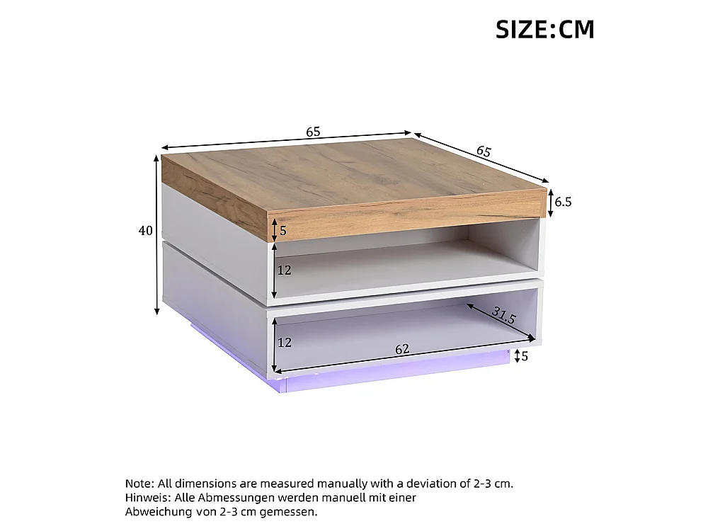Table basse 65 x 65 x 40 cm, design carré pivotant à 360°, avec éclairage LED et espace de rangement ouvert, blanc et bois