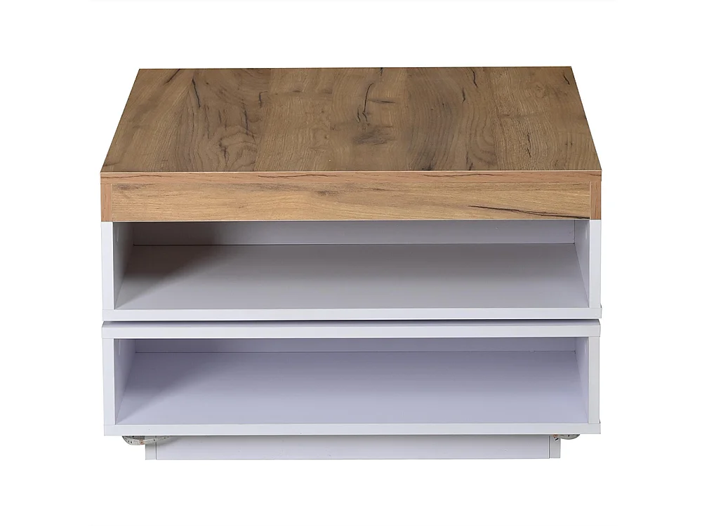 Table basse 65 x 65 x 40 cm, design carré pivotant à 360°, avec éclairage LED et espace de rangement ouvert, blanc et bois