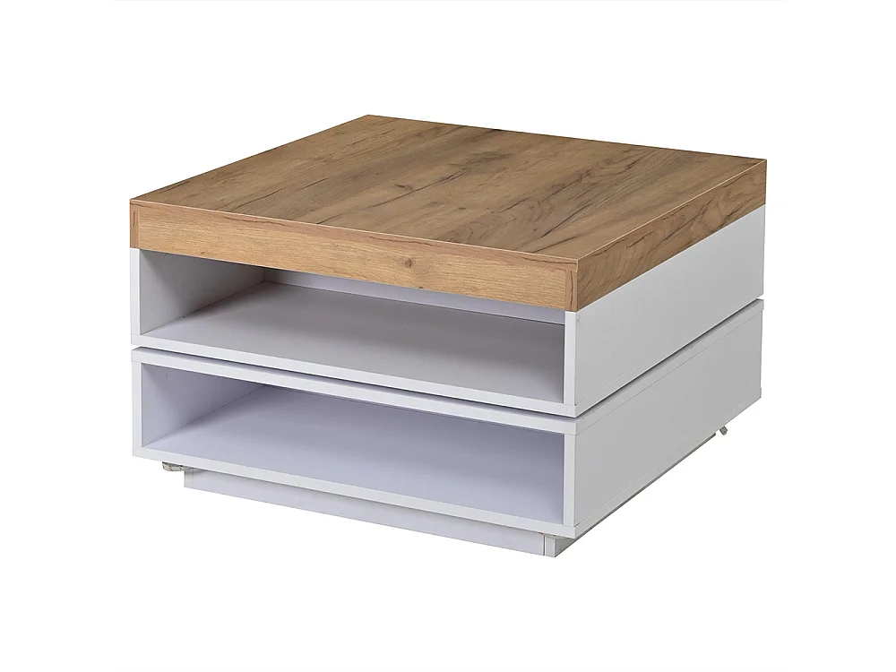 Table basse 65 x 65 x 40 cm, design carré pivotant à 360°, avec éclairage LED et espace de rangement ouvert, blanc et bois