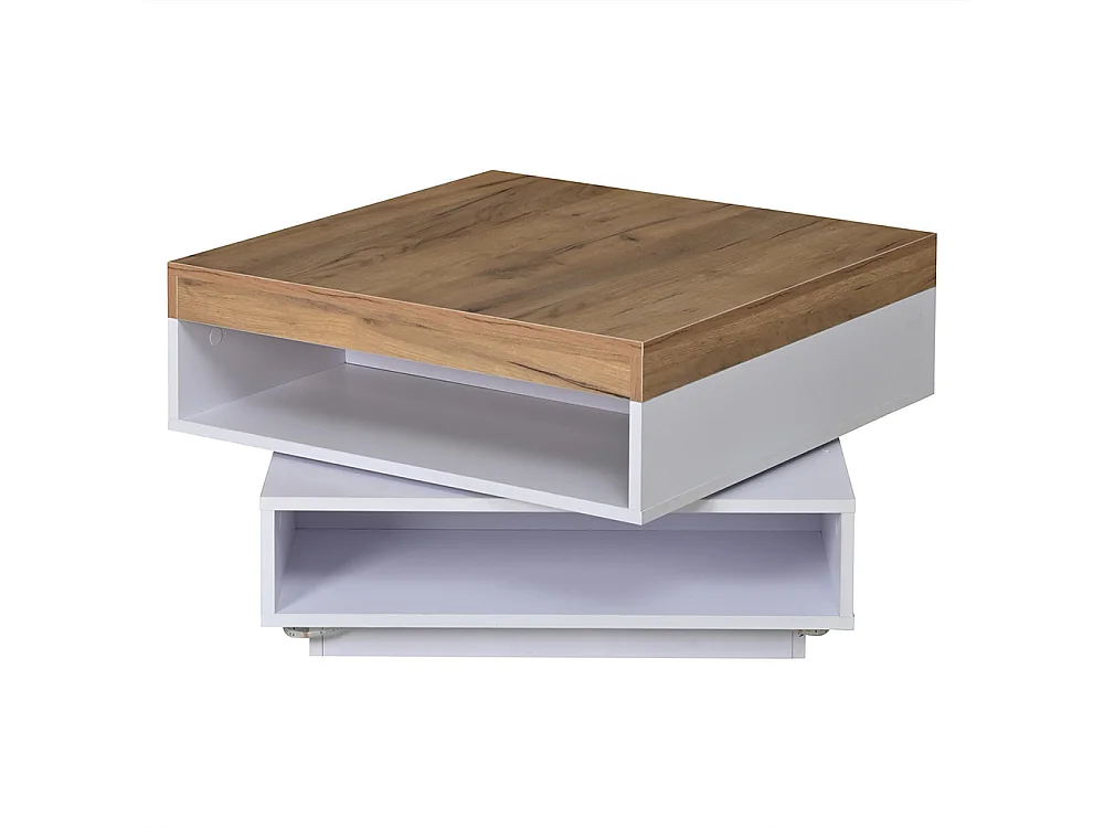 Table basse 65 x 65 x 40 cm, design carré pivotant à 360°, avec éclairage LED et espace de rangement ouvert, blanc et bois