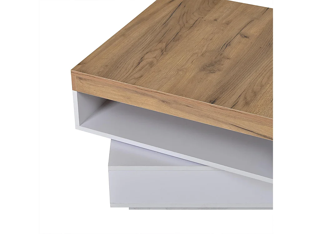 Table basse 65 x 65 x 40 cm, design carré pivotant à 360°, avec éclairage LED et espace de rangement ouvert, blanc et bois