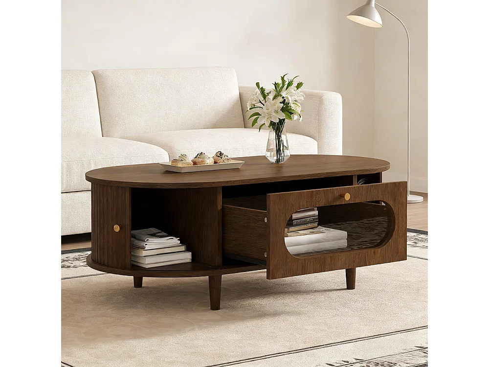 Table basse de salon 100 x 50 x 36 cm, avec un tiroir, un volet roulant et 4 pieds, couleur noyer