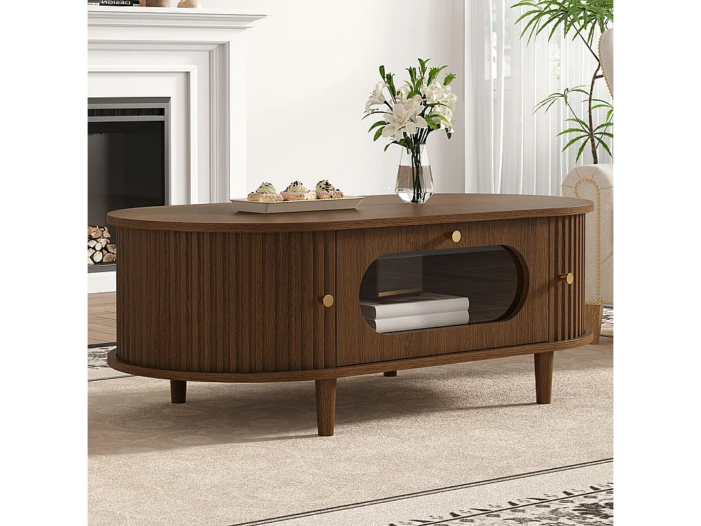 Table basse de salon 100 x 50 x 36 cm, avec un tiroir, un volet roulant et 4 pieds, couleur noyer