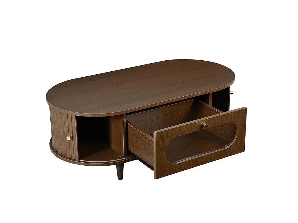 Table basse de salon 100 x 50 x 36 cm, avec un tiroir, un volet roulant et 4 pieds, couleur noyer