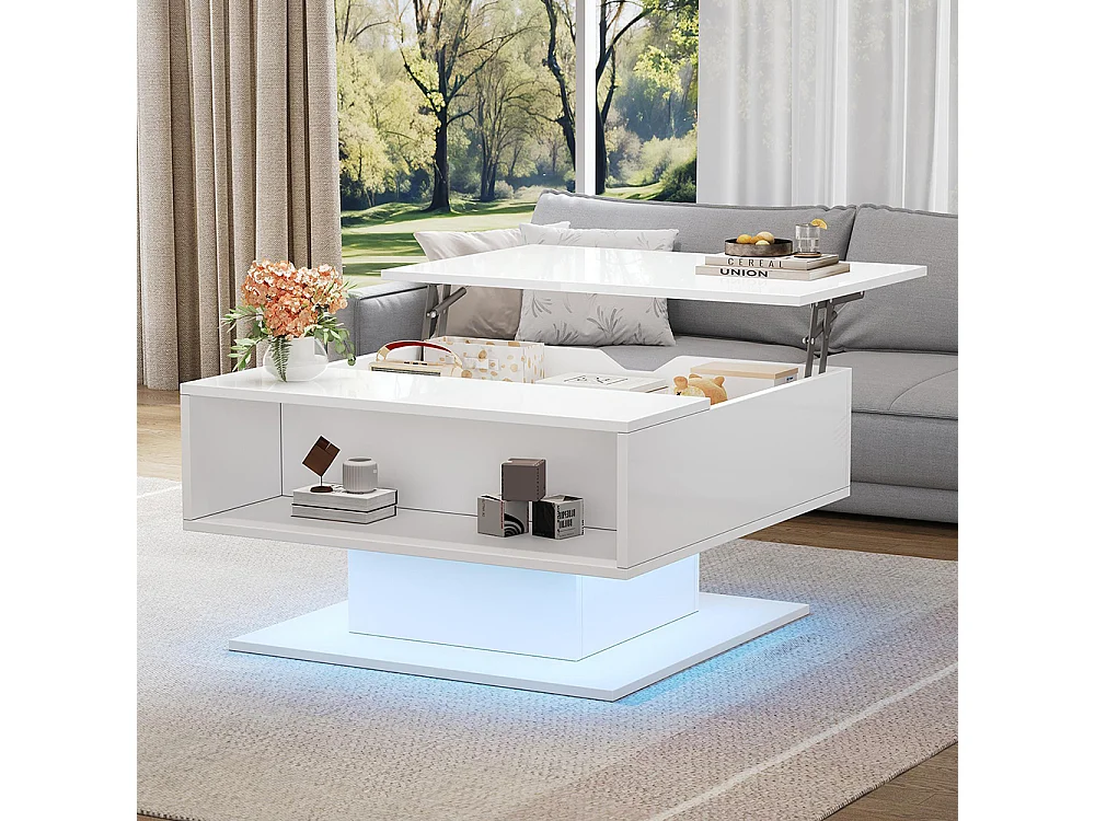 Table basse de 80 × 75 × 40 cm avec système de levage hydraulique, dotée d'un espace de rangement semi-ouvert,blanc