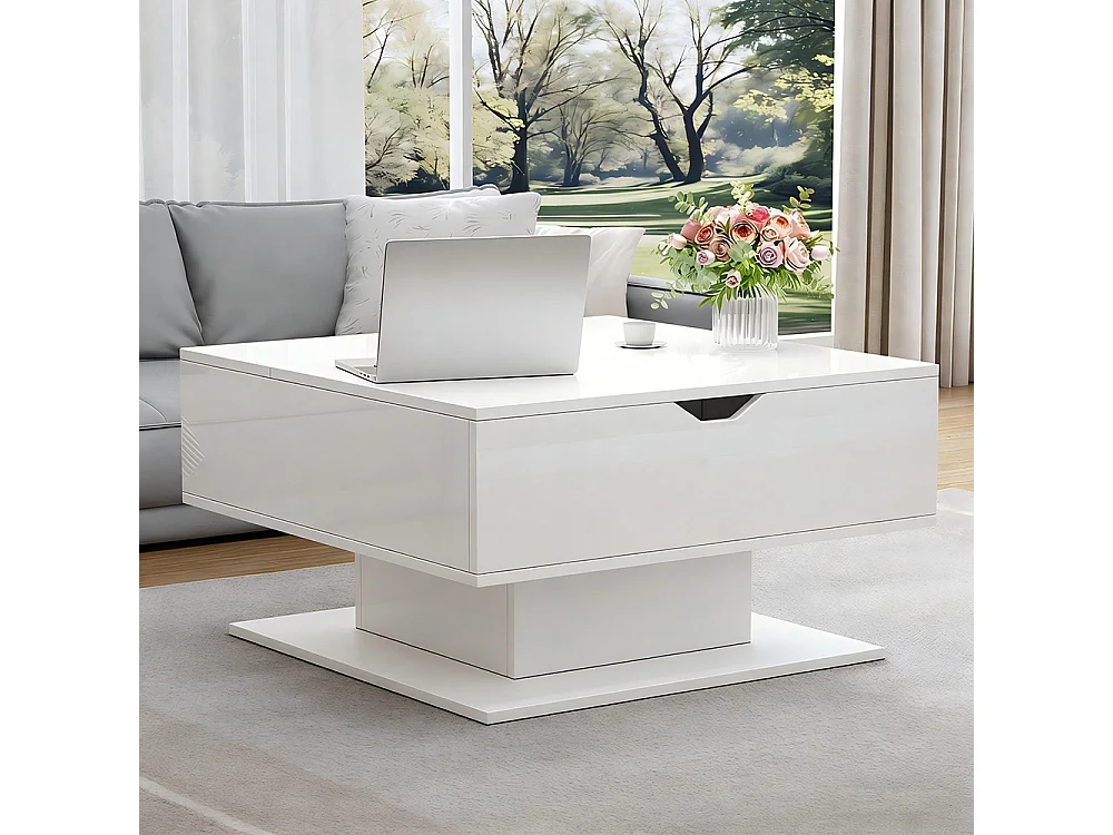 Table basse de 80 × 75 × 40 cm avec système de levage hydraulique, dotée d'un espace de rangement semi-ouvert,blanc