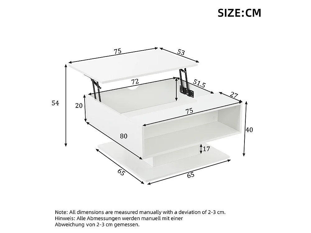 Table basse de 80 × 75 × 40 cm avec système de levage hydraulique, dotée d'un espace de rangement semi-ouvert,blanc