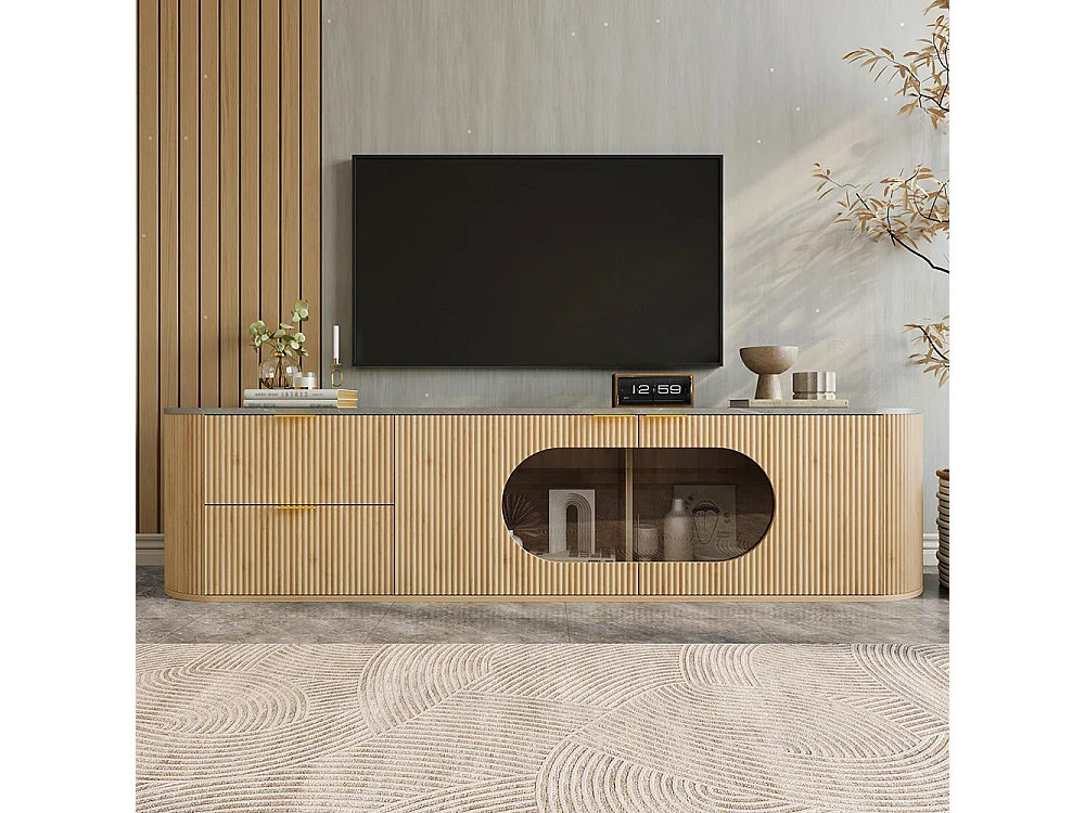 Meuble TV imitation bois, portes ornées de rayures 3D verticales, verre gris, forme ovale, couleur naturelle