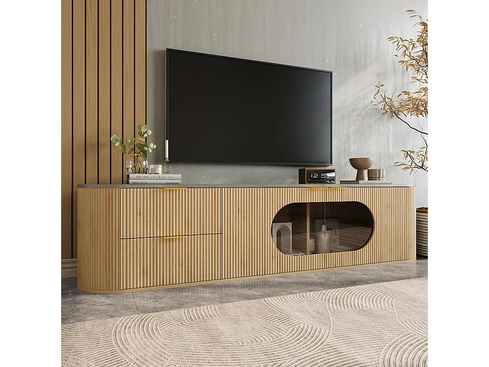 Meuble TV imitation bois, portes ornées de rayures 3D verticales, verre gris, forme ovale, couleur naturelle