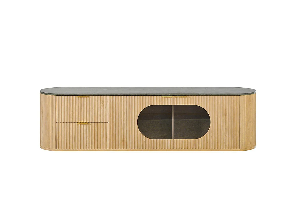 Meuble TV imitation bois, portes ornées de rayures 3D verticales, verre gris, forme ovale, couleur naturelle
