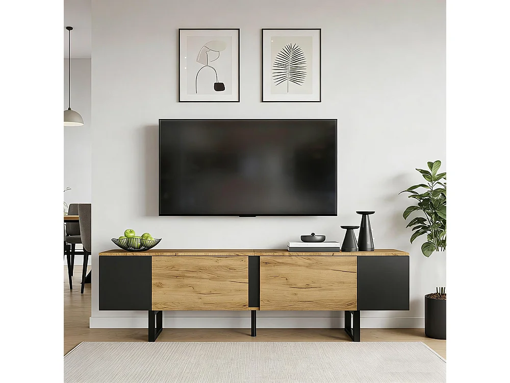 Meuble TV avec deux caissons latéraux et des étagères ouvertes, adapté aux téléviseurs de 75 pouces et moins, couleur naturelle