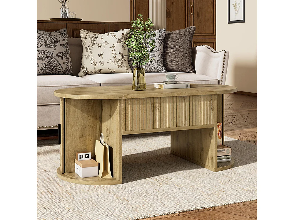 Table basse réglable en hauteur pour salon, étagères ouvertes, rangement caché, porte coulissante, couleur chêne