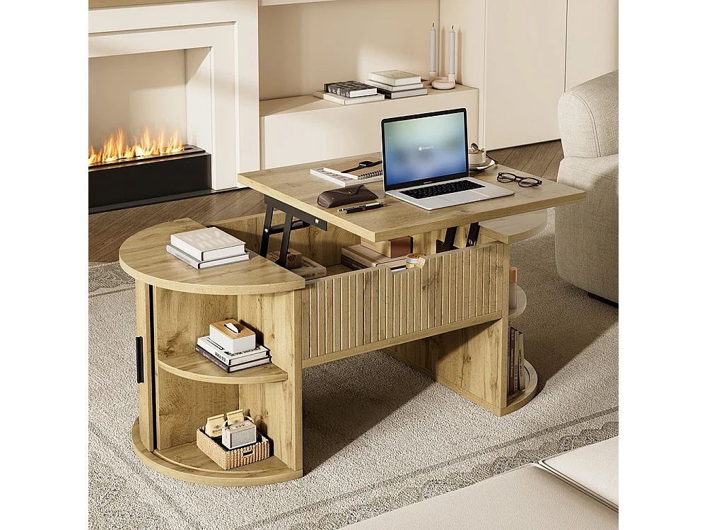 Table basse réglable en hauteur pour salon, étagères ouvertes, rangement caché, porte coulissante, couleur chêne