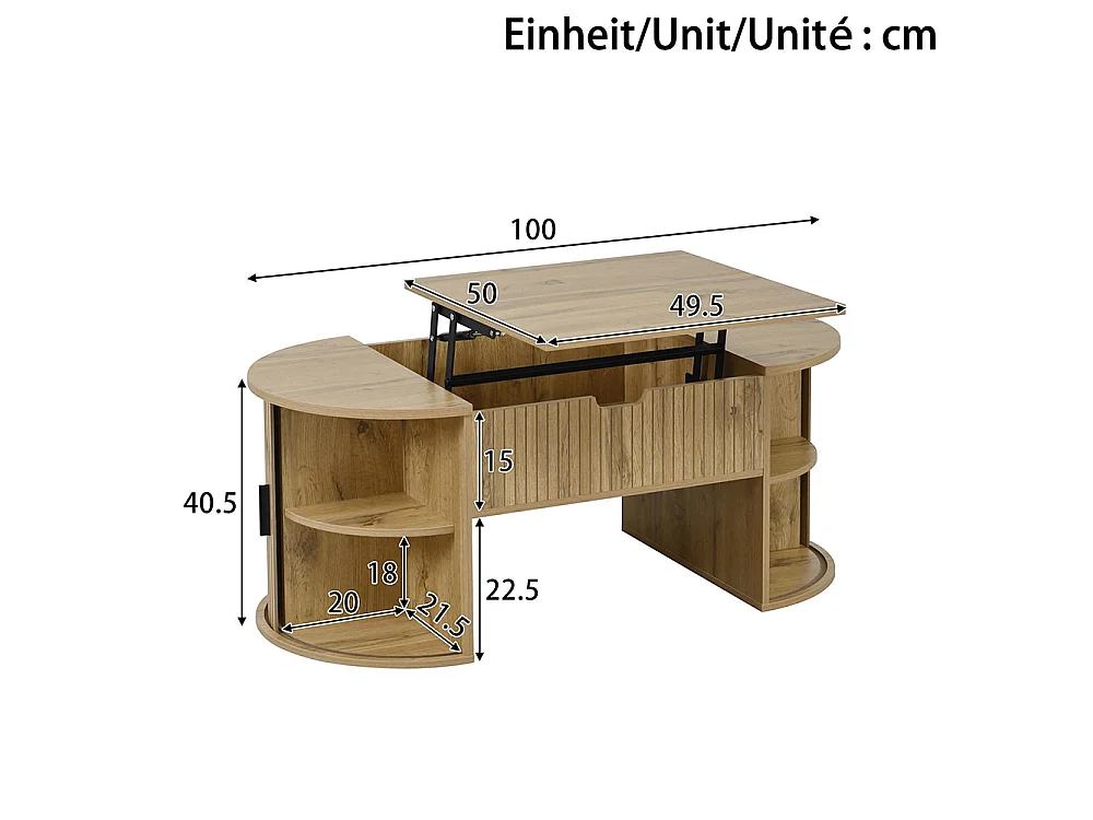Table basse réglable en hauteur pour salon, étagères ouvertes, rangement caché, porte coulissante, couleur chêne