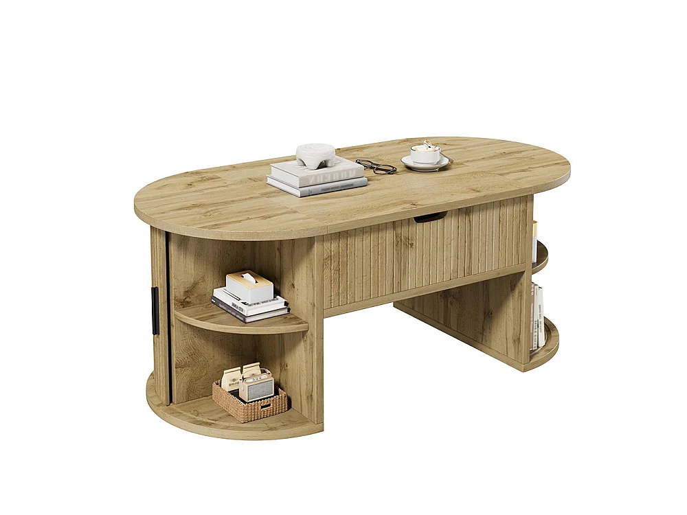 Table basse réglable en hauteur pour salon, étagères ouvertes, rangement caché, porte coulissante, couleur chêne