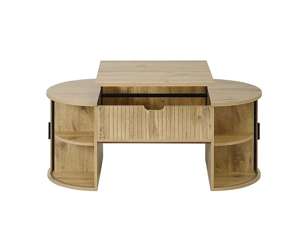 Table basse réglable en hauteur pour salon, étagères ouvertes, rangement caché, porte coulissante, couleur chêne
