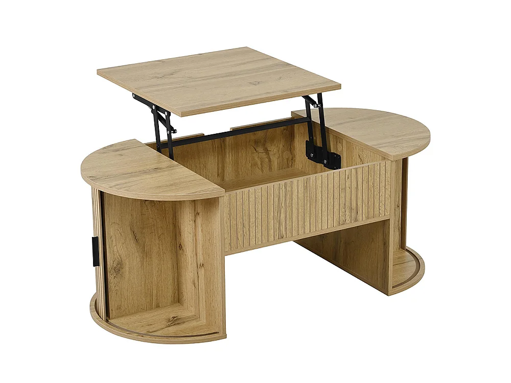 Table basse réglable en hauteur pour salon, étagères ouvertes, rangement caché, porte coulissante, couleur chêne