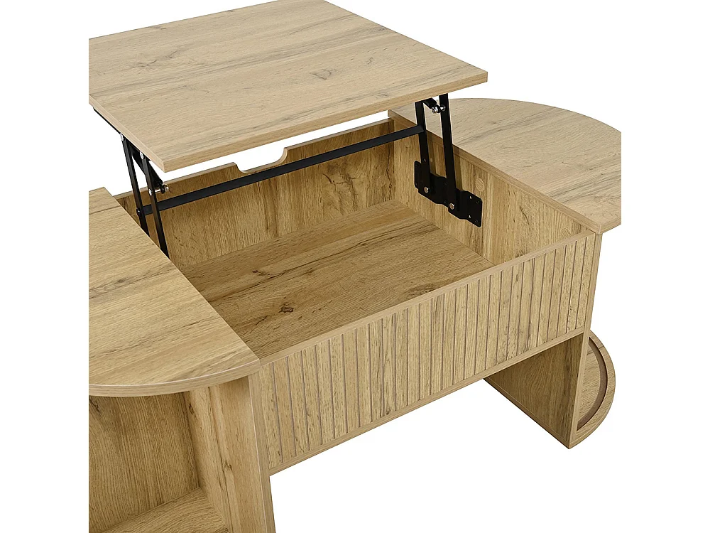 Table basse réglable en hauteur pour salon, étagères ouvertes, rangement caché, porte coulissante, couleur chêne
