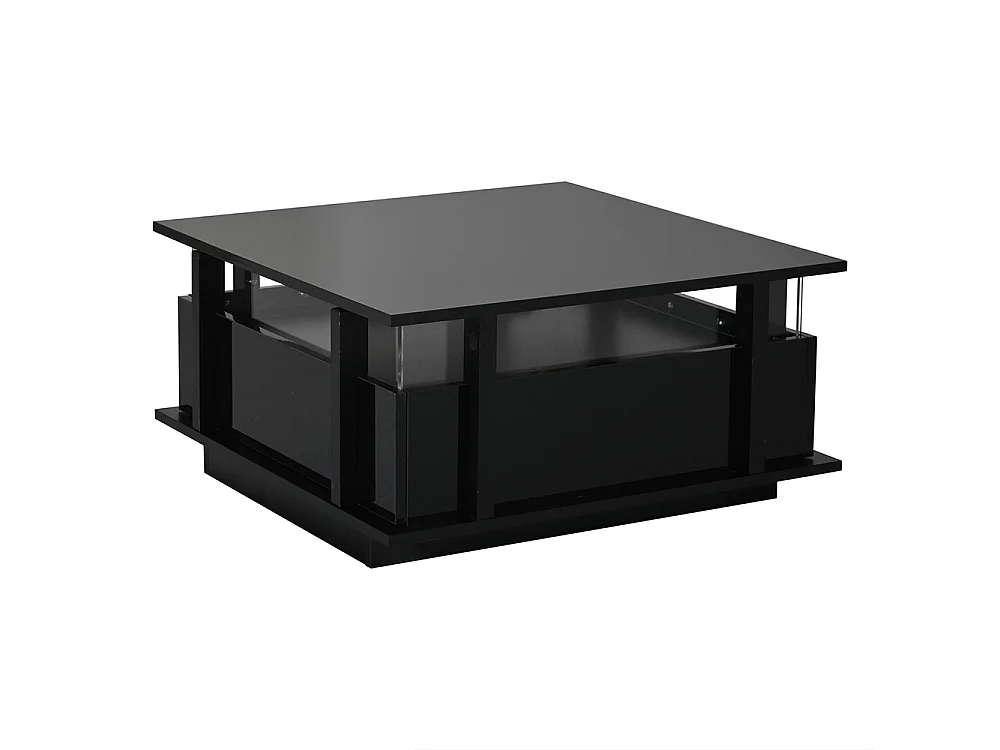Table basse  70 x 70 x 35 cm, équipée de 2 tiroirs, d'un éclairage LED et d'une cloison en acrylique transparent, noir