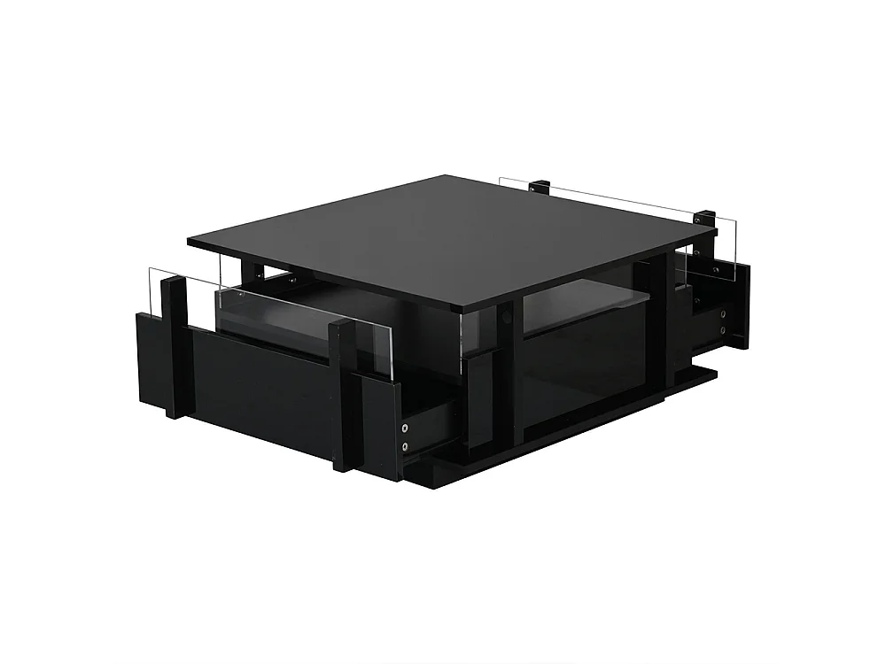 Table basse  70 x 70 x 35 cm, équipée de 2 tiroirs, d'un éclairage LED et d'une cloison en acrylique transparent, noir