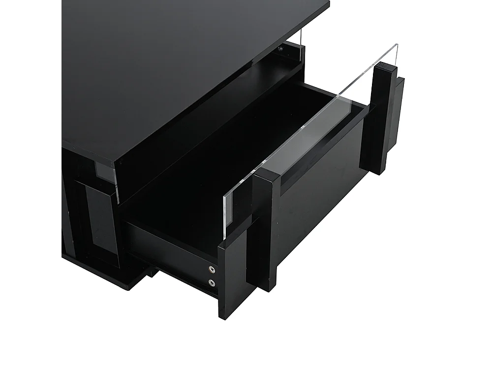 Table basse  70 x 70 x 35 cm, équipée de 2 tiroirs, d'un éclairage LED et d'une cloison en acrylique transparent, noir