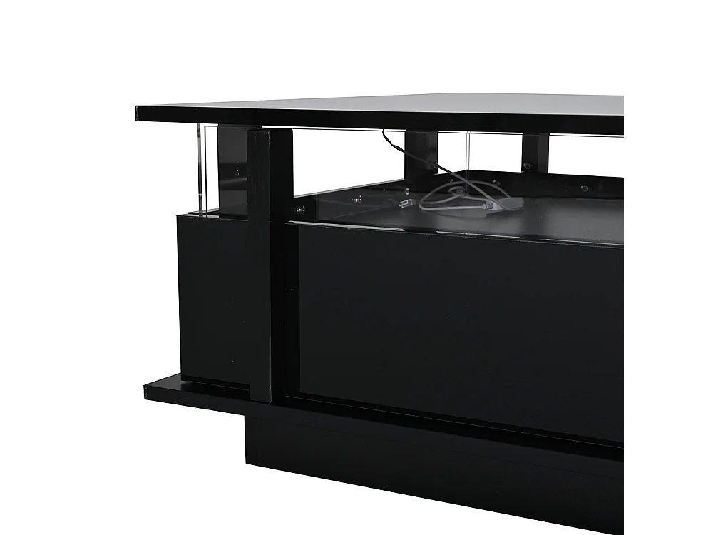 Table basse  70 x 70 x 35 cm, équipée de 2 tiroirs, d'un éclairage LED et d'une cloison en acrylique transparent, noir
