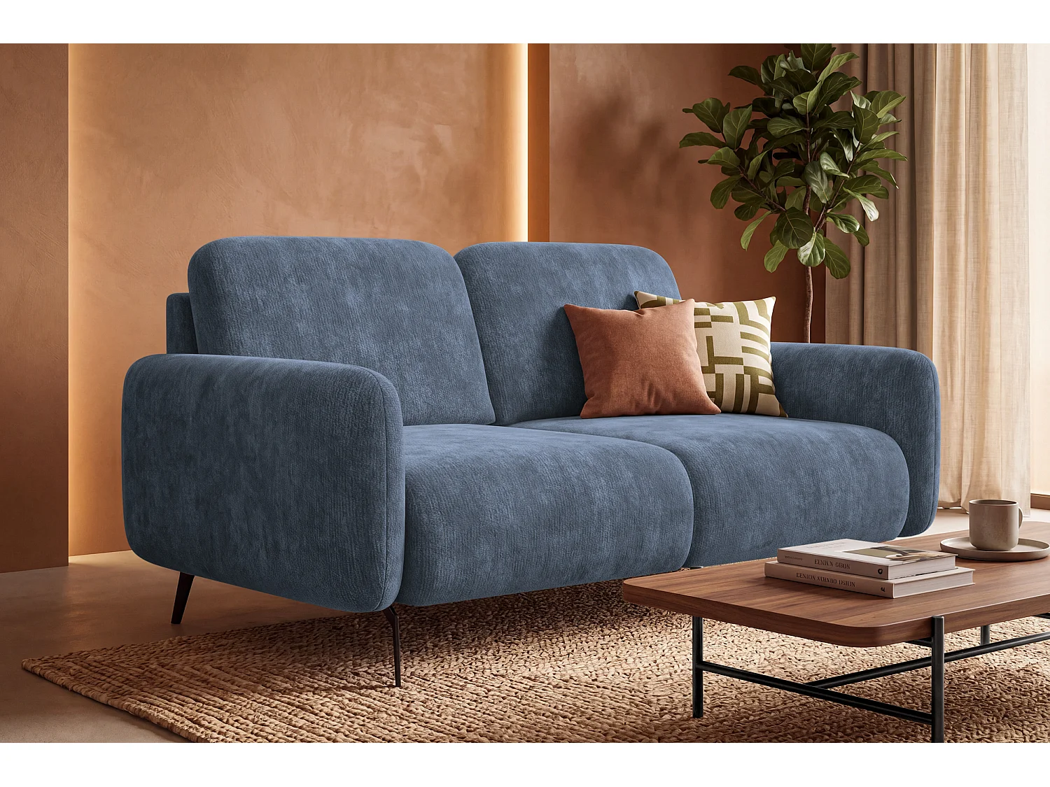 Sofa 2-Sitzer FEBE, marineblauer Chenille-Stoff