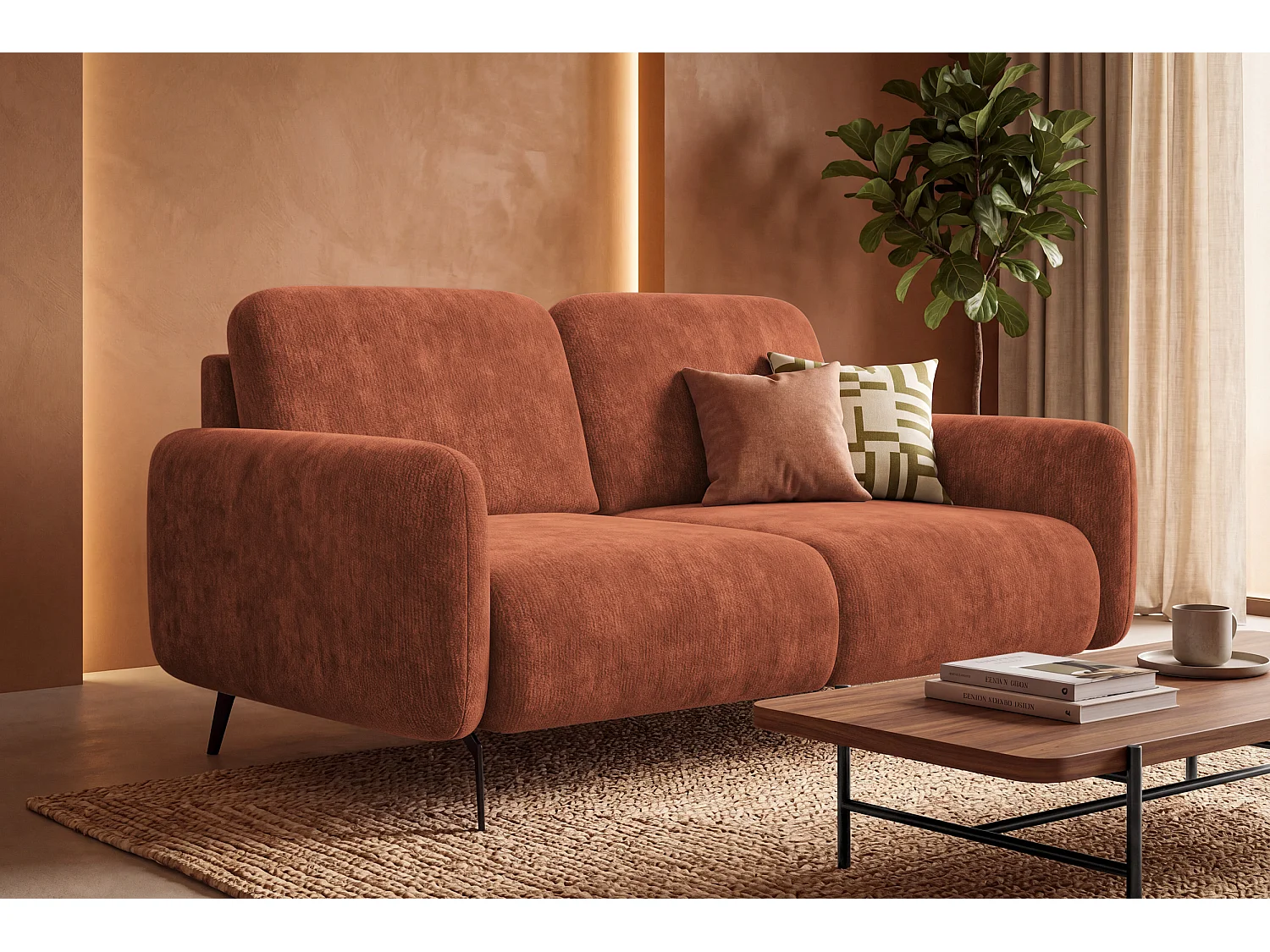 Sofa 2-Sitzer FEBE, rostroter Chenille-Stoff