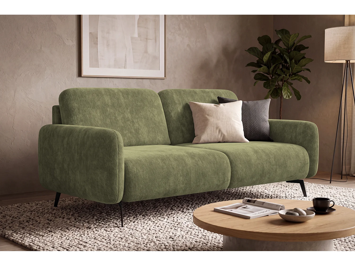 Sofa 3-Sitzer FEBE, olivgrüner Chenille-Stoff