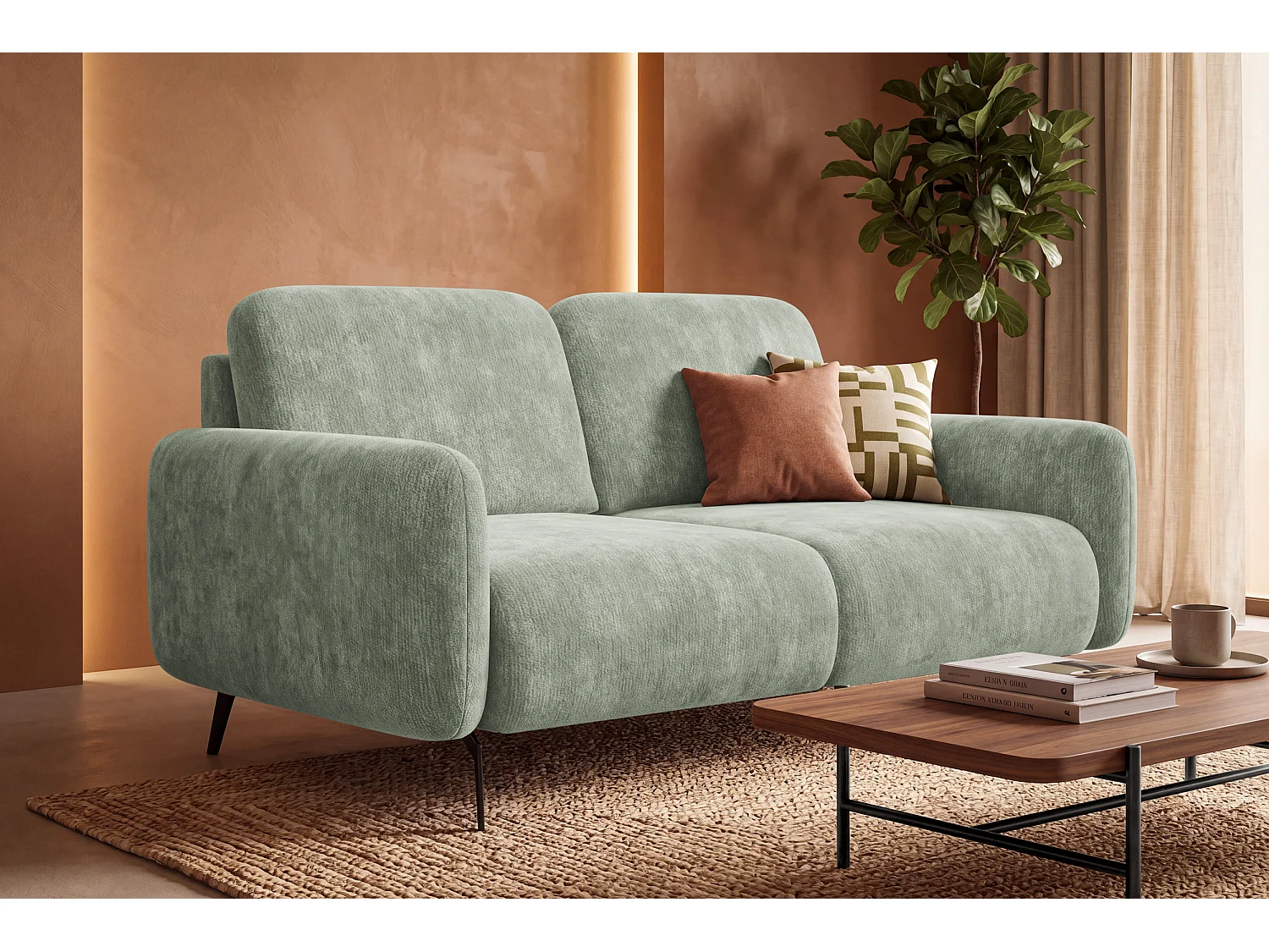 Sofa 2-Sitzer FEBE, hellgrüner Chenille-Stoff