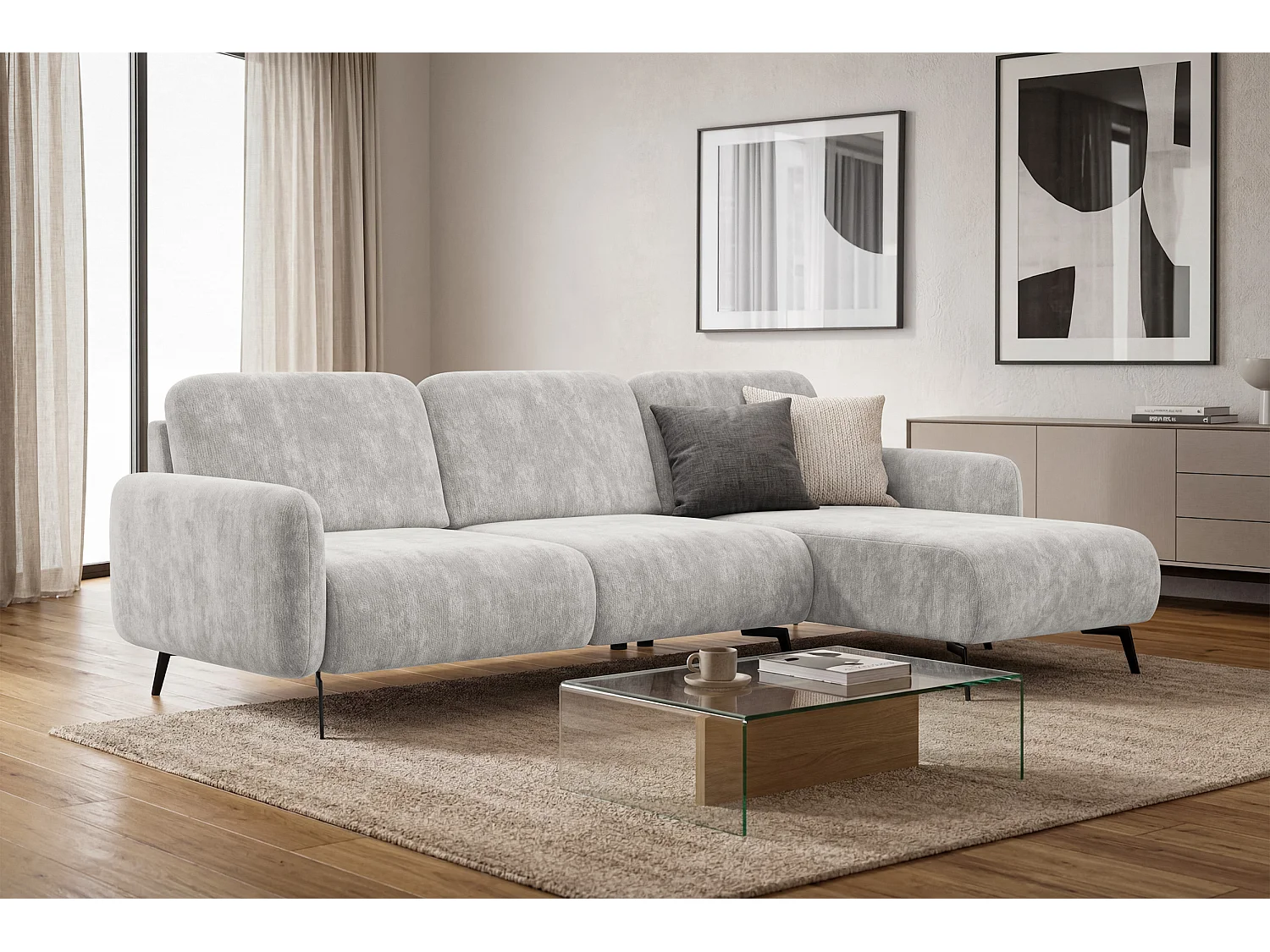 Ecksofa 4-Sitzer rechts FEBE, hellgrauer Chenille-Stoff