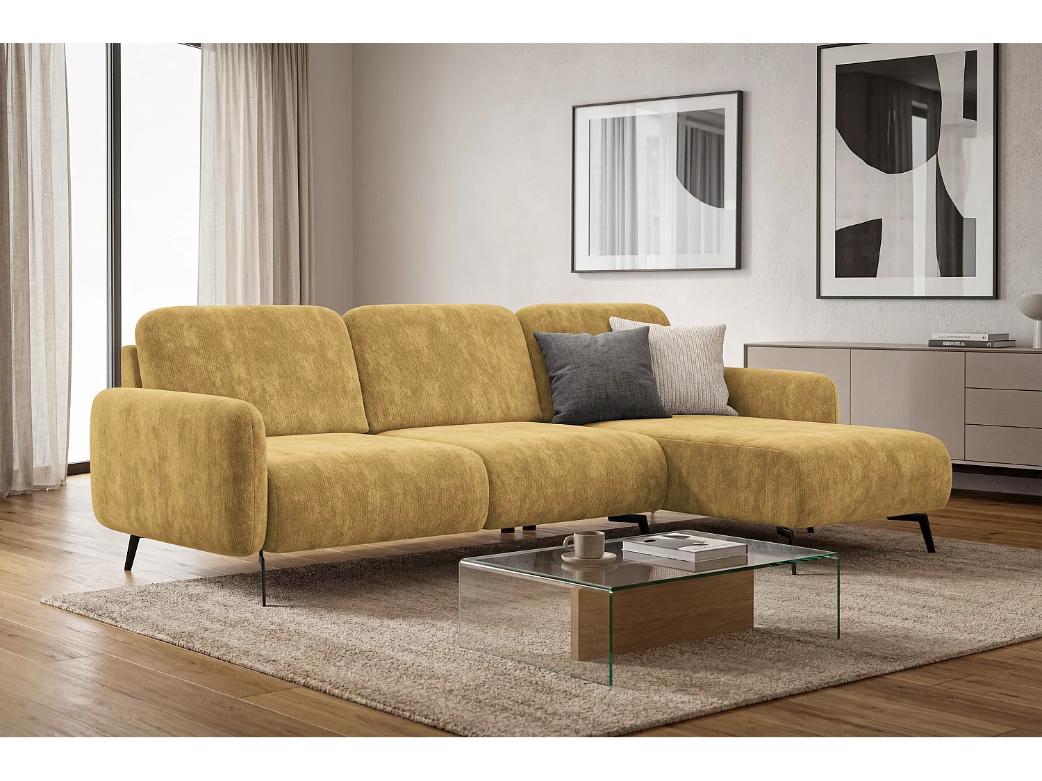 Ecksofa 4-Sitzer rechts FEBE, safranfarbener Chenille-Stoff