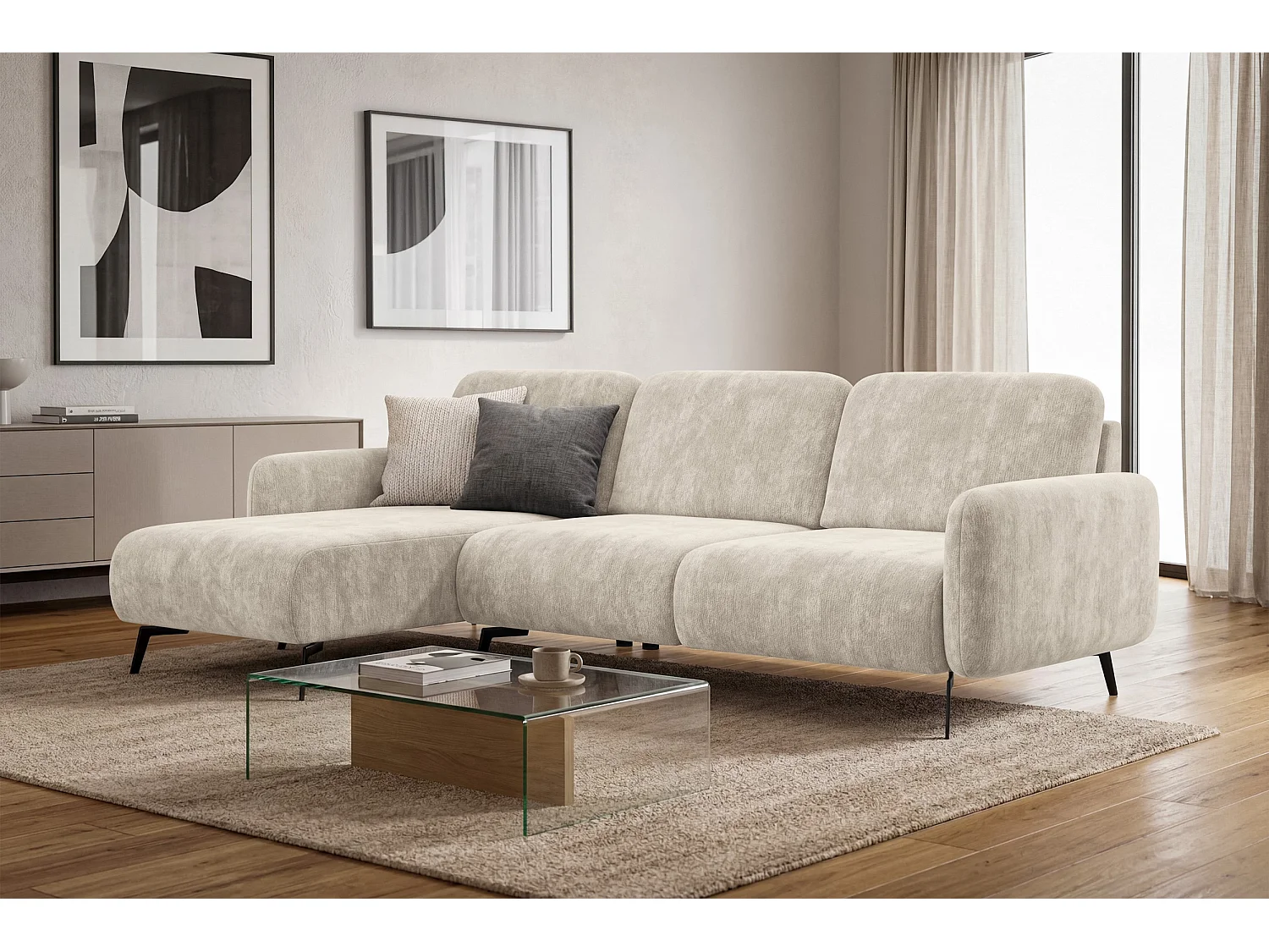 CANAPÉ D'ANGLE FEBE 4 places gauche, tissu chenille beige