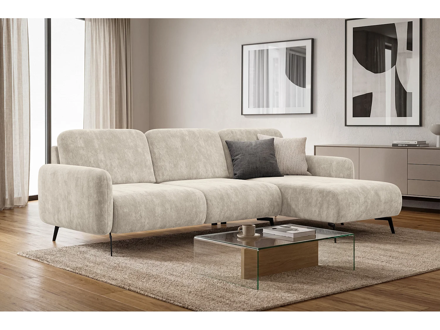 Ecksofa 4-Sitzer rechts FEBE, cremefarbener Chenille-Stoff
