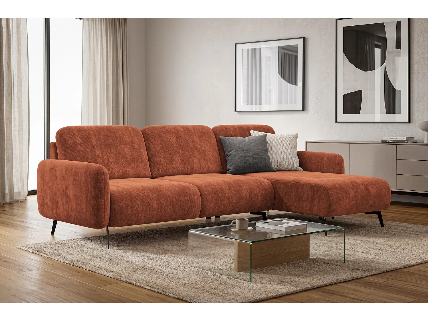Ecksofa 4-Sitzer rechts FEBE, rostroter Chenille-Stoff