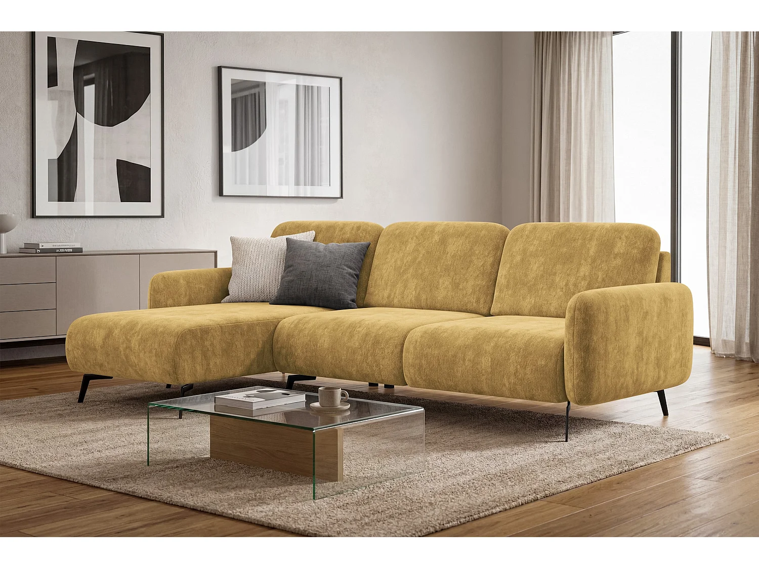 CANAPÉ D'ANGLE FEBE 4 places gauche, tissu chenille moutarde