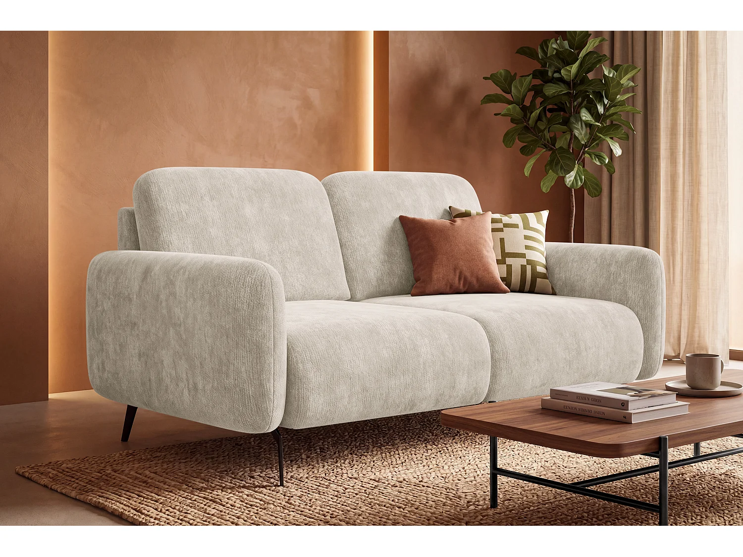 Sofa 2-Sitzer FEBE, cremefarbener Chenille-Stoff