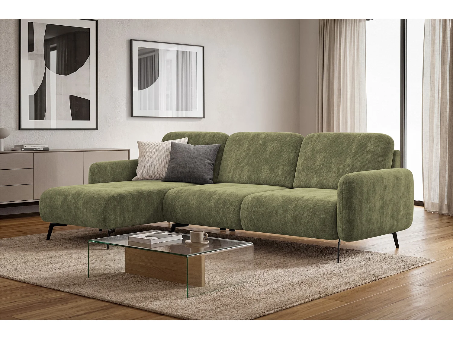 CANAPÉ D'ANGLE FEBE 4 places gauche, tissu chenille olive